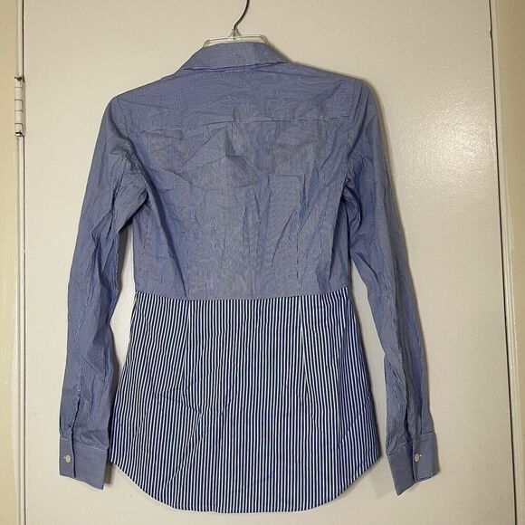 THEORY blue pinstripe button down collar blouse top size XS - Picture 2 of 4